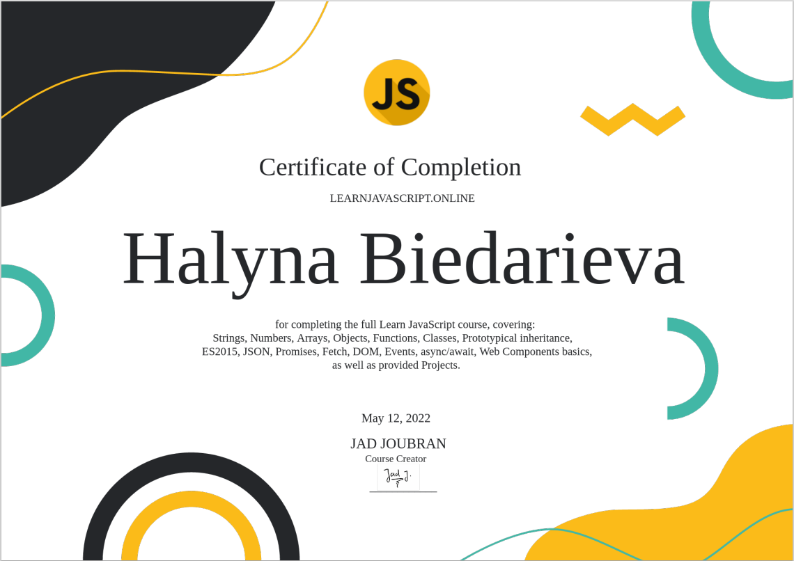 my Learn JS certificate preview